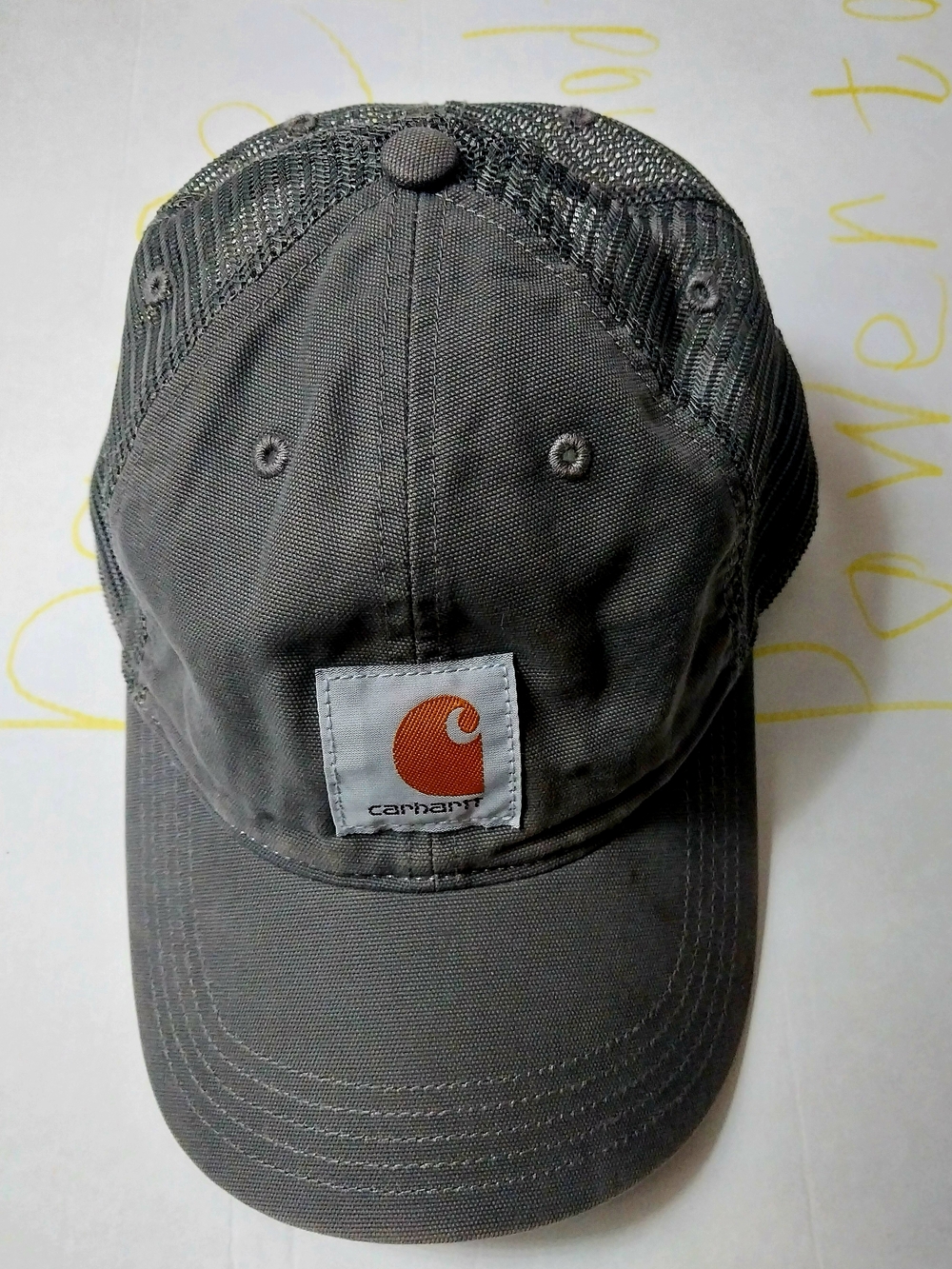 Carhartt Gray Mesh-Back Trucker Hat with Orange Logo